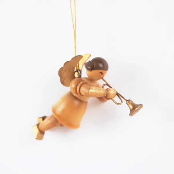 Small Vintage Wooden Angel With Trumpet Ornament 2-1/4 Inch FLAWED