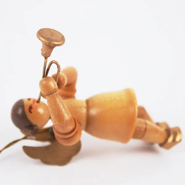 Small Vintage Wooden Angel With Trumpet Ornament 2-1/4 Inch FLAWED