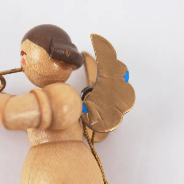 Small Vintage Wooden Angel With Trumpet Ornament 2-1/4 Inch FLAWED
