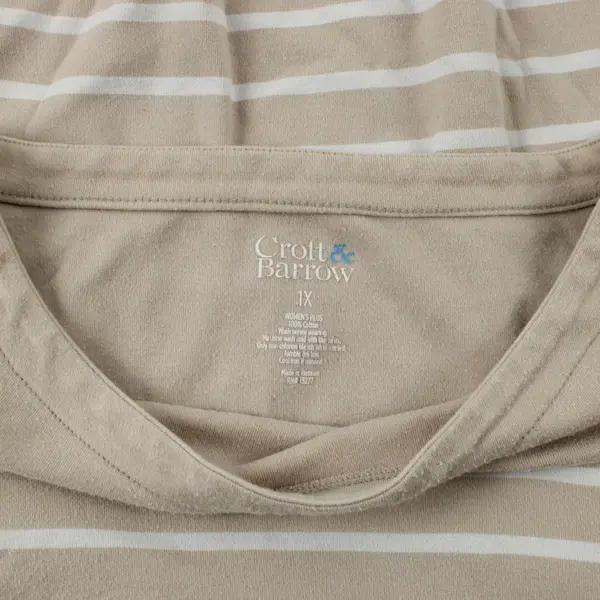 Croft & Barrow Women's 1X Beige White Striped 3/4 Sleeve T-Shirt