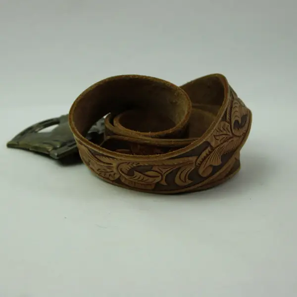Tan Tooled Leather Western Belt Horse Buckle Adjustable 33-38in FLAWED