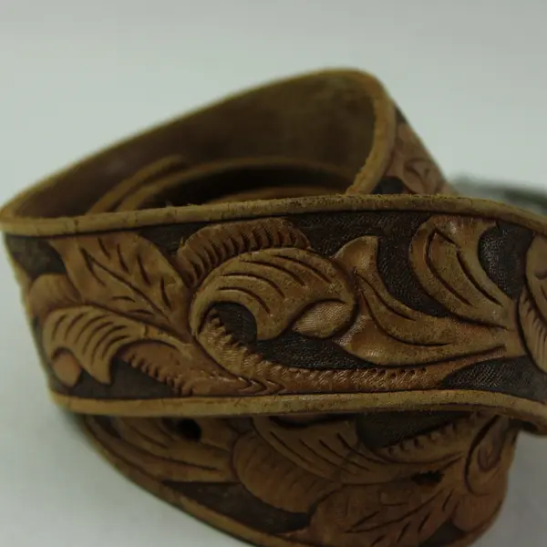 Tan Tooled Leather Western Belt Horse Buckle Adjustable 33-38in FLAWED