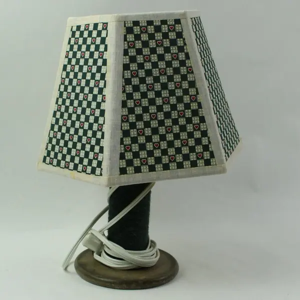 Vintage Spool of Thread Lamp Green Gingham Red Hearts Lampshade 15.5"