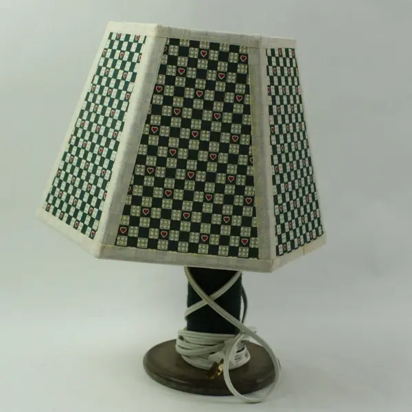 Vintage Spool of Thread Lamp Green Gingham Red Hearts Lampshade 15.5"
