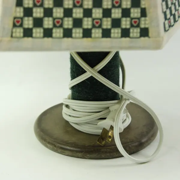 Vintage Spool of Thread Lamp Green Gingham Red Hearts Lampshade 15.5"