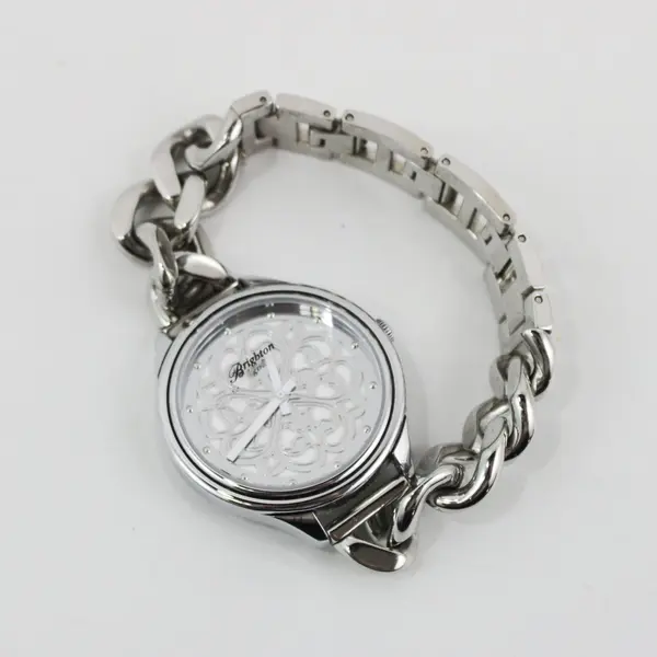 Brighton Ferrara Silver Tone Watch Chunky Curb Link Bracelet Scroll Motif