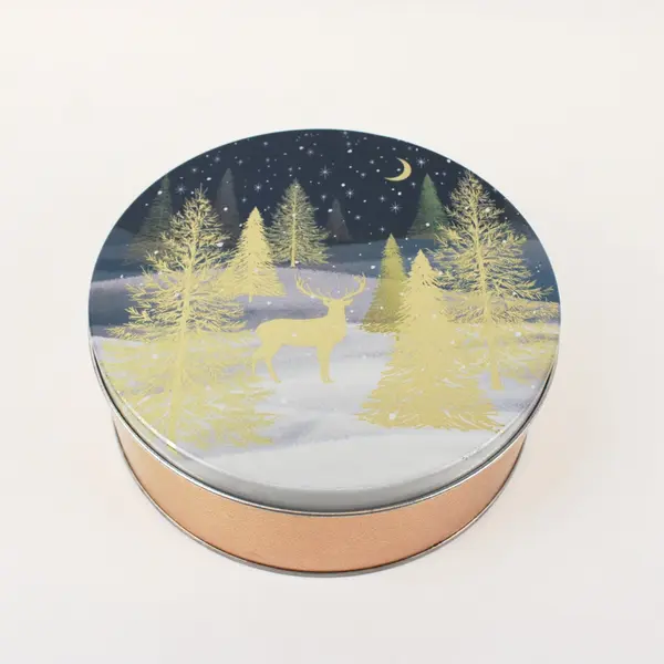 Winter Holiday Deer Scene Round Storage Tin Empty Blue Silver 7.10 x 3.75 in