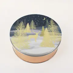 Winter Holiday Deer Scene Round Storage Tin Empty Blue Silver 7.10 x 3.75 in