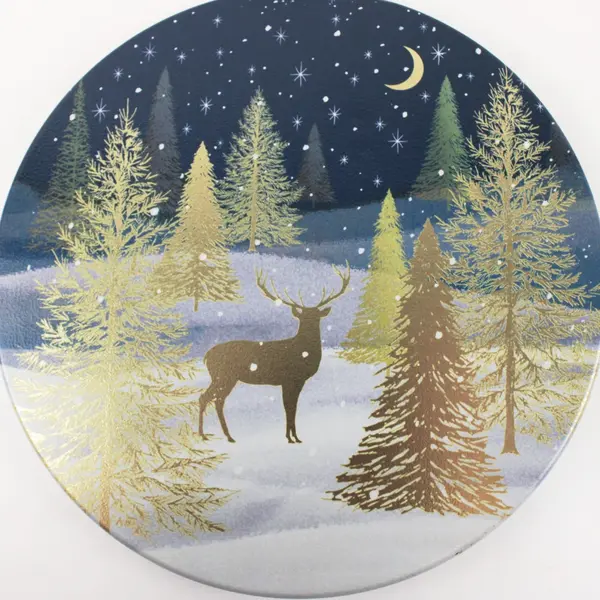 Winter Holiday Deer Scene Round Storage Tin Empty Blue Silver 7.10 x 3.75 in