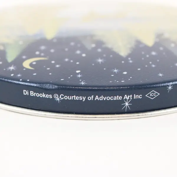 Winter Holiday Deer Scene Round Storage Tin Empty Blue Silver 7.10 x 3.75 in
