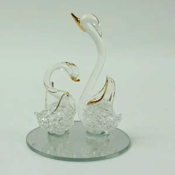 Spun Glass Ornament with Pair of Swan Figurines 24K Gold Plated