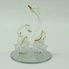 Spun Glass Ornament with Pair of Swan Figurines 24K Gold Plated