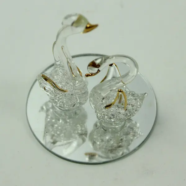 Spun Glass Ornament with Pair of Swan Figurines 24K Gold Plated