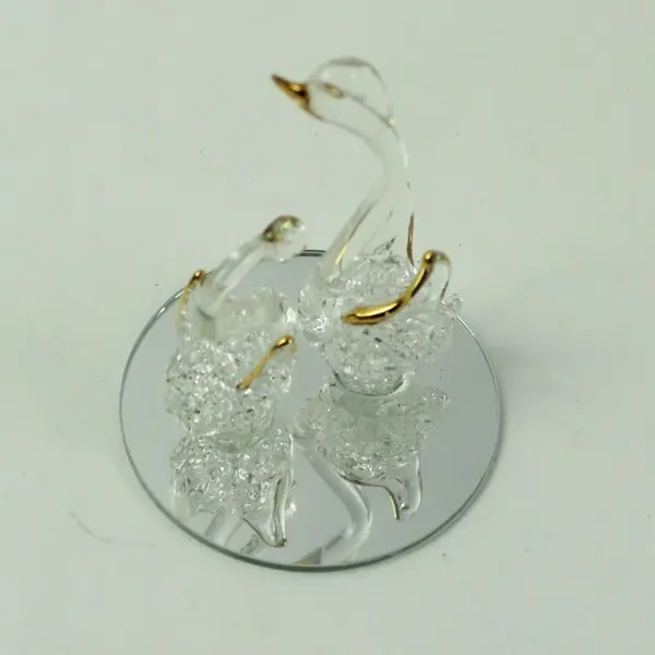 Spun Glass Ornament with Pair of Swan Figurines 24K Gold Plated