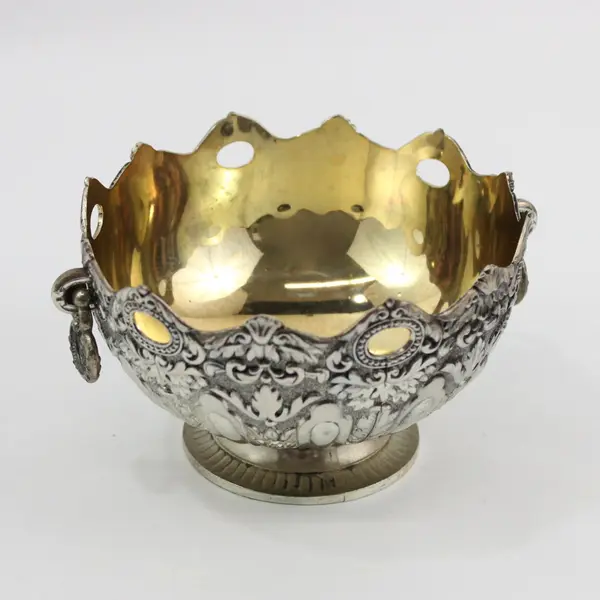 Vintage E.P. Zinc Silverplate Bowl Scalloped Rim Hanging Handles