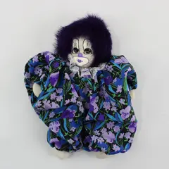 Q-Tee-Clown Stuffed Clown Doll Hand-Painted Face Purple Hair Floral Costume 7in