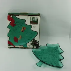Vintage Indiana Glass Evergreen Christmas Tree Green Serving Platter 12in