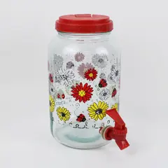Glass Sun Tea Jar Beverage Dispenser Floral Ladybug Red Spigot