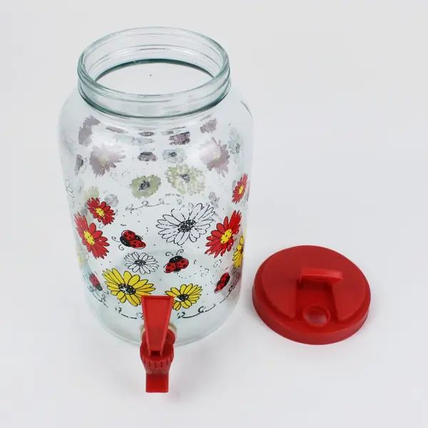 Glass Sun Tea Jar Beverage Dispenser Floral Ladybug Red Spigot