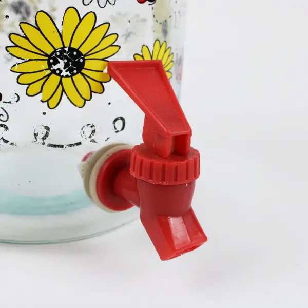 Glass Sun Tea Jar Beverage Dispenser Floral Ladybug Red Spigot