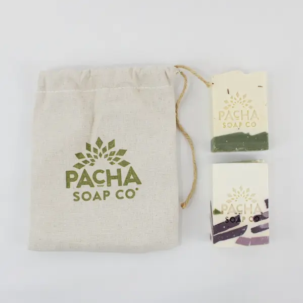 Pacha Soap Co. Lot of 2 Soap Bars with Drawstring Bag New