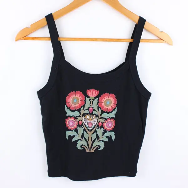 Namaste Home Women's Black Tiger Floral Crop Tank Top Size M Y2K Style