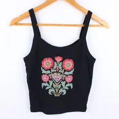 Namaste Home Women's Black Tiger Floral Crop Tank Top Size M Y2K Style