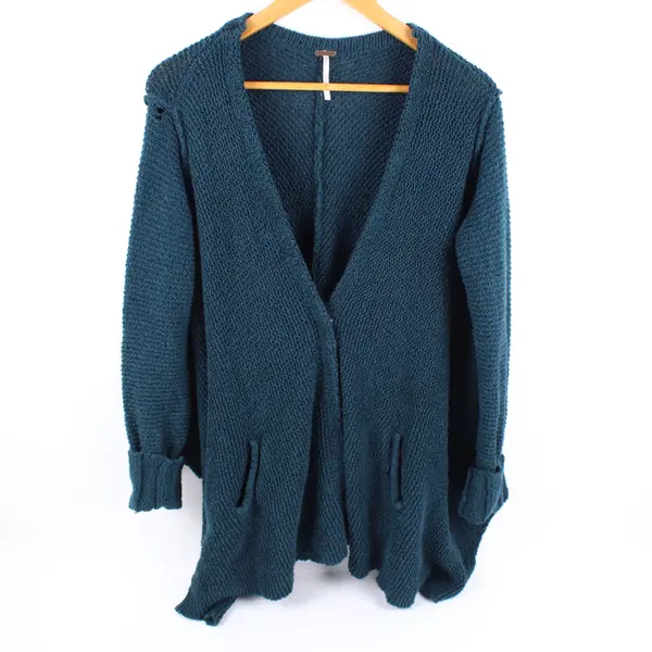 Free People Women's Dark Teal Knit Snap Button Cardigan Long Sleeve L