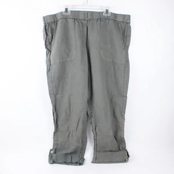 Purejill Women's Green Linen Pants Elastic Waist Roll Tab Cuffs Size L