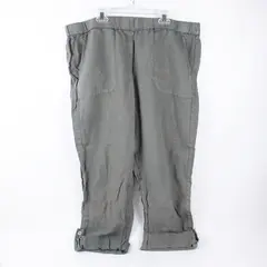 Purejill Women's Green Linen Pants Elastic Waist Roll Tab Cuffs Size L