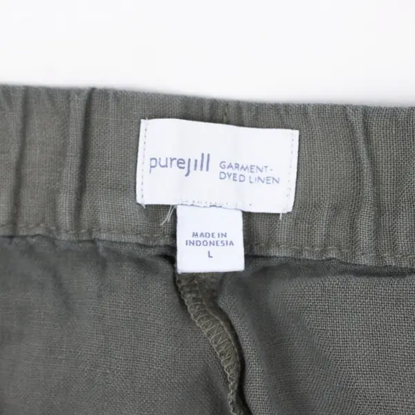 Purejill Women's Green Linen Pants Elastic Waist Roll Tab Cuffs Size L