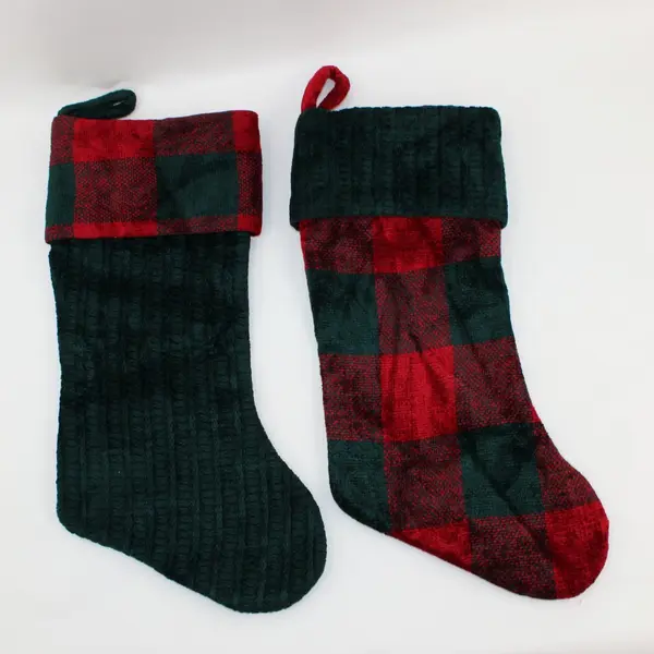 Prima Creations 2002 2pc 17in Christmas Stockings R/G Check & Solid Dk Green
