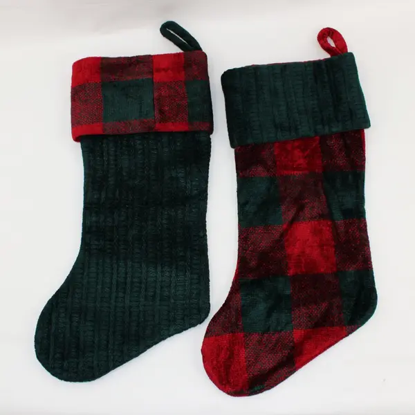 Prima Creations 2002 2pc 17in Christmas Stockings R/G Check & Solid Dk Green