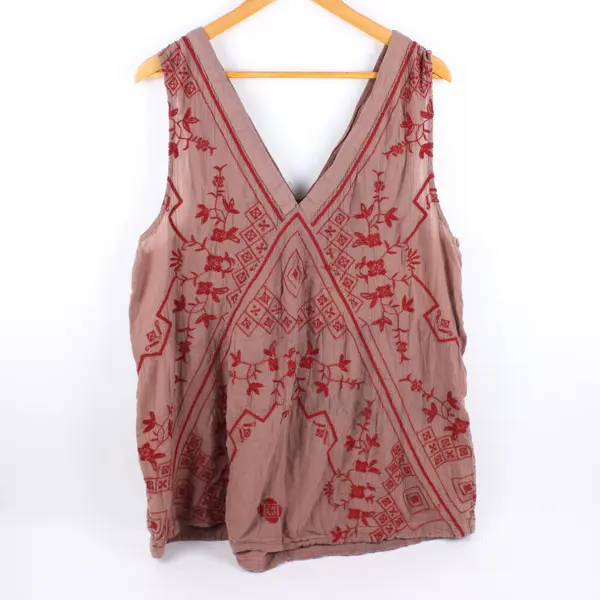 Free People Intimately Red V-Neck Front & Back Embroidered Tank Small