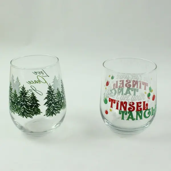 Lot of 2 Christmas Holiday Stemless Wine Glasses Festive Drinkware