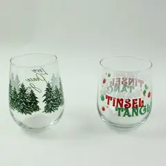 Lot of 2 Christmas Holiday Stemless Wine Glasses Festive Drinkware