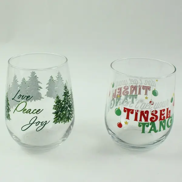 Lot of 2 Christmas Holiday Stemless Wine Glasses Festive Drinkware
