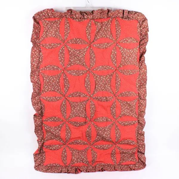Handmade Coral Red Floral Quilted Mat 21 x 33 in Ruffled Edge