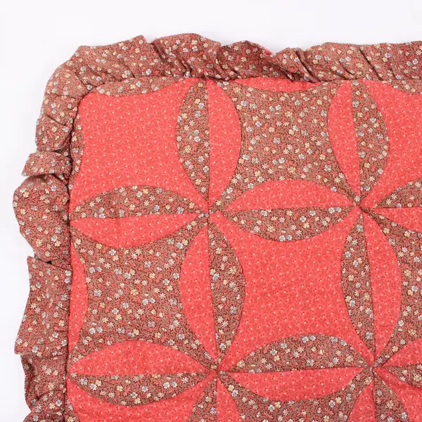 Handmade Coral Red Floral Quilted Mat 21 x 33 in Ruffled Edge