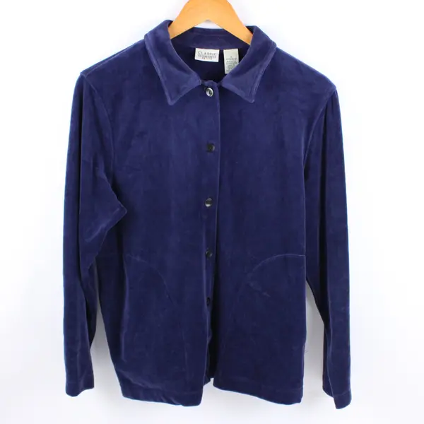 Classic Elements Women's Velour Button Front Jacket Navy Blue Petite M 10-12