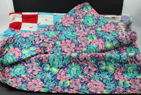 Handmade Multicolor Patchwork Quilt Yarn-Tied 68 x 80 Inch FLAWED