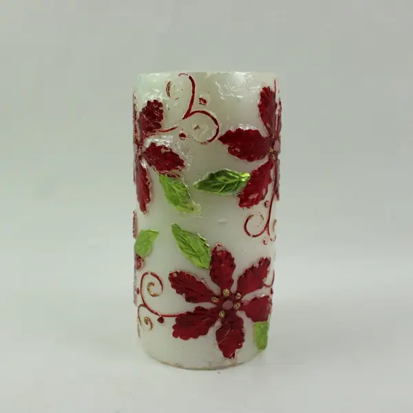 Hand-Painted Red Poinsettia Pillar Candle 6in Cream Used