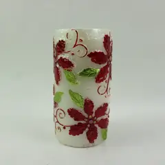 Hand-Painted Red Poinsettia Pillar Candle 6in Cream Used