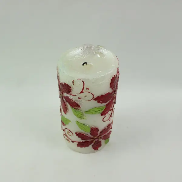 Hand-Painted Red Poinsettia Pillar Candle 6in Cream Used