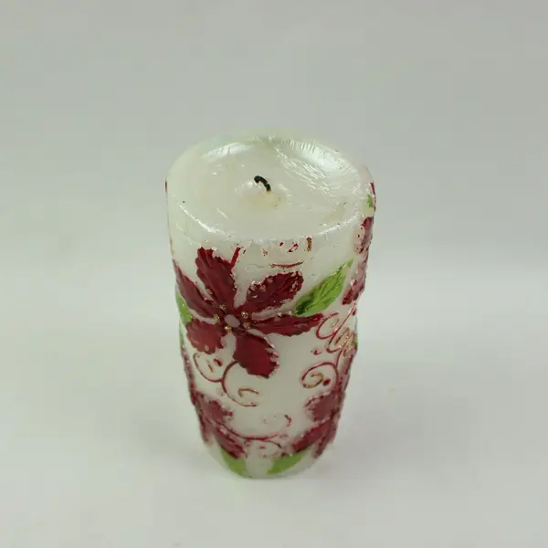 Hand-Painted Red Poinsettia Pillar Candle 6in Cream Used