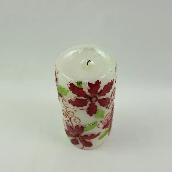 Hand-Painted Red Poinsettia Pillar Candle 6in Cream Used