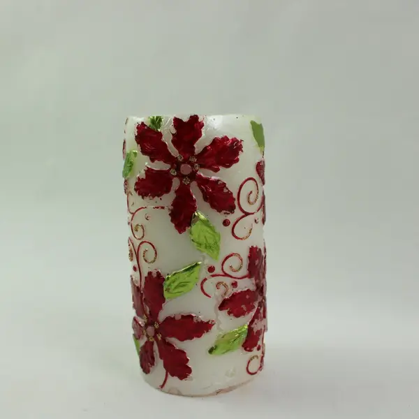 Hand-Painted Red Poinsettia Pillar Candle 6in Cream Used