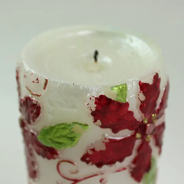 Hand-Painted Red Poinsettia Pillar Candle 6in Cream Used