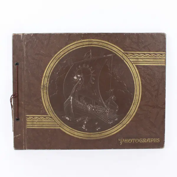 Vintage Brown Embossed Viking Ship Photo Album Scrapbook 15 x 11.5 in