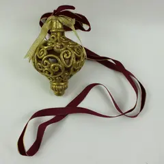 Vintage Gold Filigree Ball Christmas Ornament Burgundy Gold Ribbon Decor